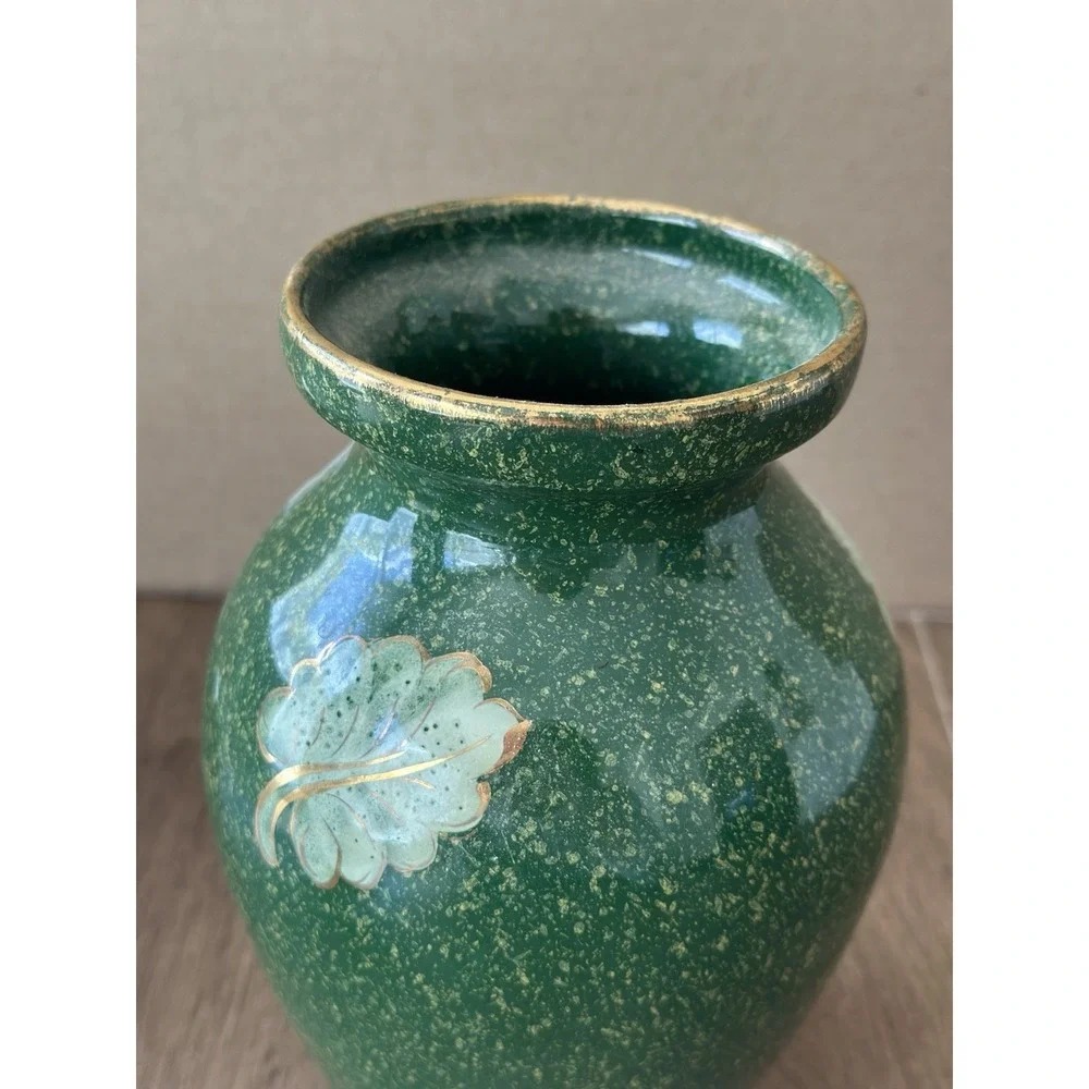 Vintage Italian Majolica Ceramic Vase Mottled Green Gold Leaf Mid Century